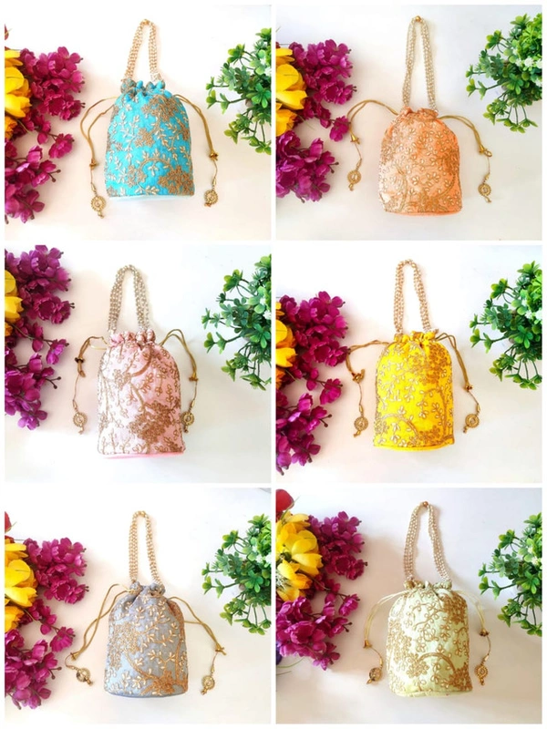 Valley Handicrafts  (9*6 Inch) Embroidery Silk Fabric Designer Base Potli Bags with Beads Handle for Women / Best Gifts Favours Giveaways &  Favours /Shagun Pouch Return Gifts for Haldi  Mehendi Roka Wedding (100pcs ) - Mix Colour, 100