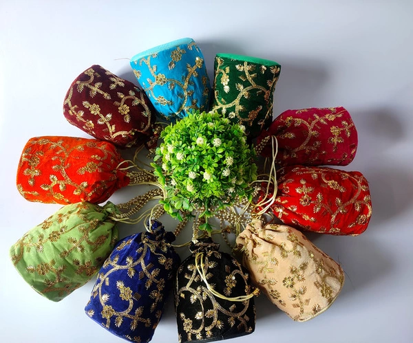 Valley Handicrafts  (9*6 Inch) Embroidery Velvet Fabric Designer Base Potli Bags with Beads Handle for Women / Best Gifts Favours Giveaways &  Favours /Shagun Pouch Return Gifts for Haldi  Mehendi Roka Wedding (5pcs ) - Mix Colour, 5