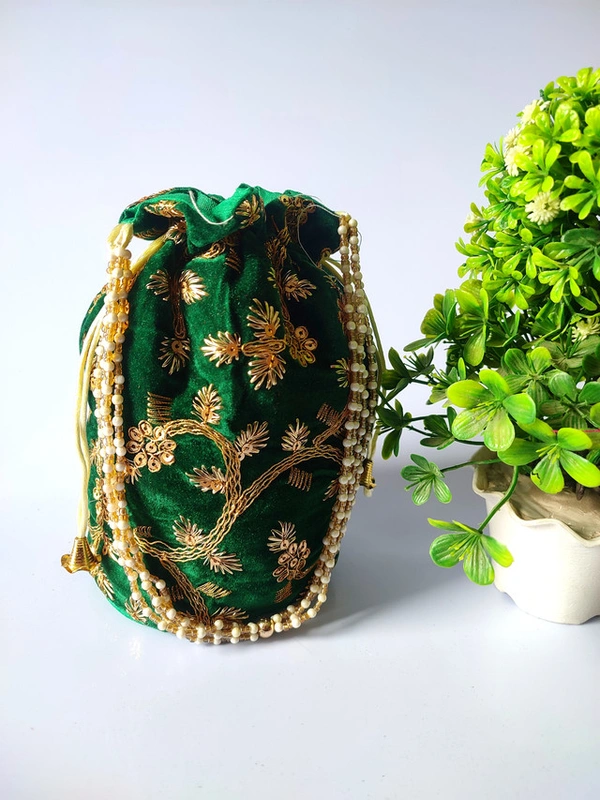 Valley Handicrafts  (9*6 Inch) Embroidery Velvet Fabric Designer Base Potli Bags with Beads Handle for Women / Best Gifts Favours Giveaways &  Favours /Shagun Pouch Return Gifts for Haldi  Mehendi Roka Wedding (5pcs ) - Mix Colour, 5