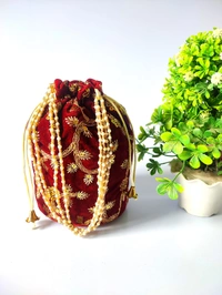 Valley Handicrafts  (9*6 Inch) Embroidery Velvet Fabric Designer Base Potli Bags with Beads Handle for Women / Best Gifts Favours Giveaways &  Favours /Shagun Pouch Return Gifts for Haldi  Mehendi Roka Wedding (5pcs ) - Mix Colour, 5