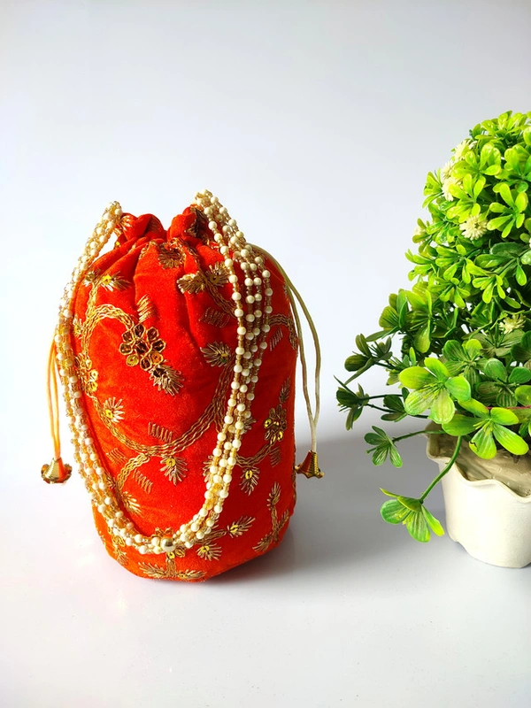 Valley Handicrafts  (9*6 Inch) Embroidery Velvet Fabric Designer Base Potli Bags with Beads Handle for Women / Best Gifts Favours Giveaways &  Favours /Shagun Pouch Return Gifts for Haldi  Mehendi Roka Wedding (5pcs ) - Mix Colour, 5