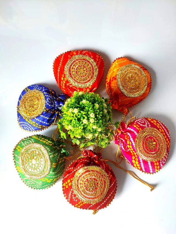 Valley Handicrafts  (9*9 Inch) Bhandhej Fabric with Designer Gota Patch  Matka Potli Bags with Beads Handle for Women / Best Gifts Favour (10pcs ) - Mix Colour, 10