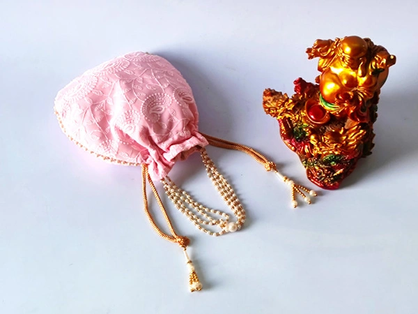 Valley Handicrafts  (9*9 Inch) Chikankari Fabric Designer  Matka Potli Bags with Beads Handle for Women / Best Gifts Favour (5pcs ) - Mix Colour, 5