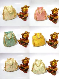 Valley Handicrafts  (9*9 Inch) Chikankari Fabric Designer  Matka Potli Bags with Heavy Beads Single Handle for Women / Best Gifts Favour (10pcs ) - Mix Colour, 10