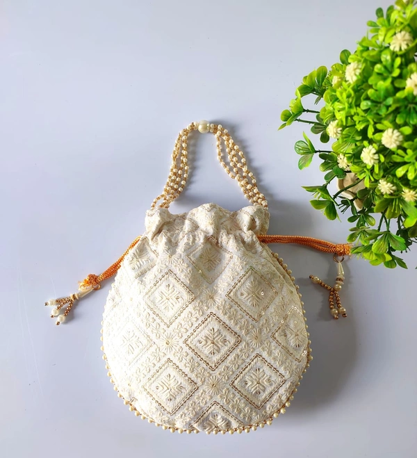 Valley Handicrafts  (9*9 Inch) Chikankari Heavy Fabric Designer  Matka Potli Bags with Beads Handle for Women / Best Gifts Favour (20pcs ) - Mix Colour, 20