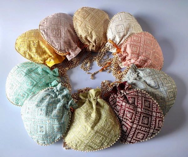 Valley Handicrafts  (9*9 Inch) Chikankari Heavy Fabric Designer  Matka Potli Bags with Beads Handle for Women / Best Gifts Favour (20pcs ) - Mix Colour, 20