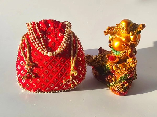 Valley Handicrafts  (9*9 Inch) Chikankari Sequance Embroidery Fabric Designer  Matka Potli Bags with Beads Handle for Women / Best Gifts Favour (5pcs ) - Mix Colour, 5