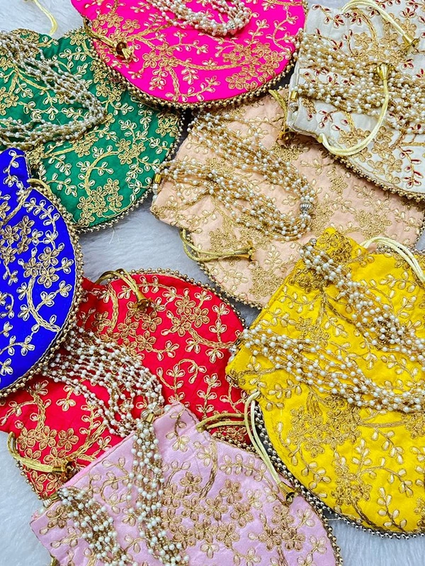 Valley Handicrafts  (9*9 Inch) Embroidery Silk Fabric Designer  Matka Potli Bags with Beads Handle for Women / Best Gifts Favour (10pcs ) - Mix Colour, 10