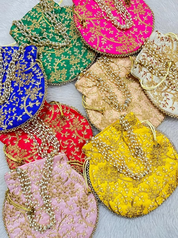 Valley Handicrafts  (9*9 Inch) Embroidery Silk Fabric Designer  Matka Potli Bags with Beads Handle for Women / Best Gifts Favour (10pcs ) - Mix Colour, 10
