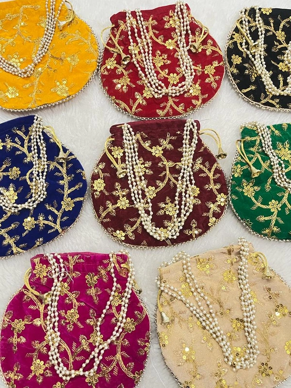 Valley Handicrafts  (9*9 Inch) Embroidery Velvet Fabric Designer  Matka Potli Bags with Beads Handle for Women / Best Gifts Favour (5pcs ) - Mix Colour, 5