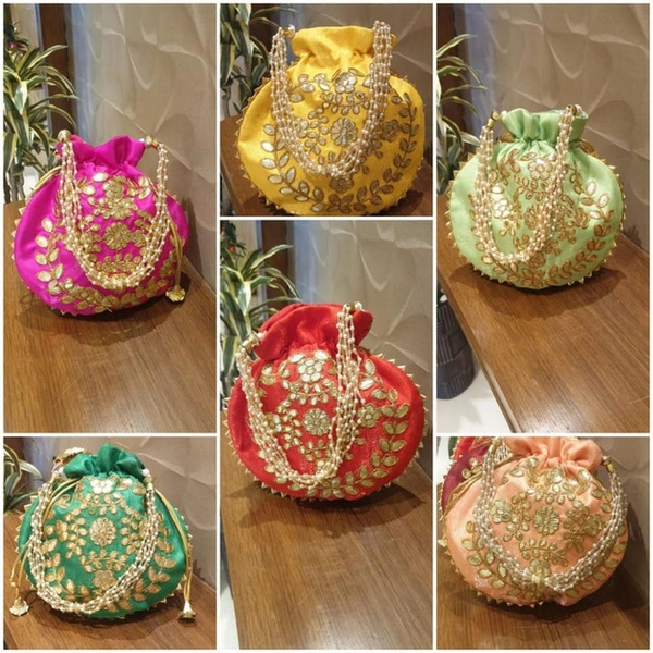 Valley Handicrafts  (9*9 Inch) Gota Embroidery Fabric Designer  Matka Potli Bags with Beads Handle for Women / Best Gifts Favour (100pcs ) - Mix Colour, 100