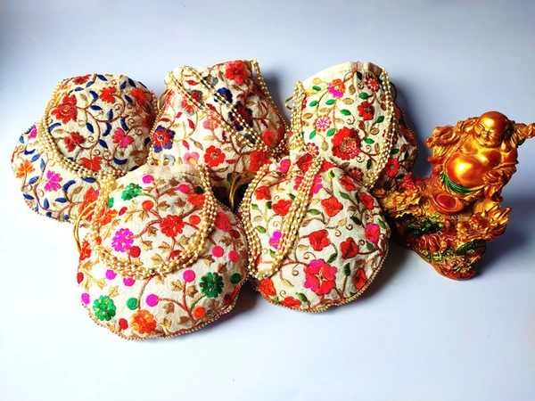 Valley Handicrafts  (9*9 Inch) Multi Colour Flowers Embroidery Silk Fabric Designer  Matka Potli Bags with Beads Handle for Women / Best Gifts Favour (20pcs ) - Mix Colour, 20