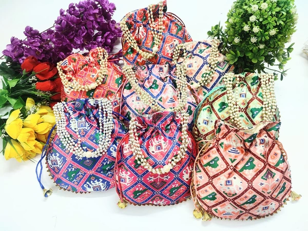 Valley Handicrafts  (9*9 Inch) Patola Digital Print Satin Fabric Designer  Matka Potli Bags with Beads Handle for Women / Best Gifts Favour (100pcs ) - Mix Colour, 100