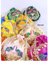 Valley Handicrafts  (9*9 Inch) Peacock Embroidery Fabric Designer  Matka Potli Bags with Beads Handle for Women / Best Gifts Favour (100pcs ) - Mix Colour, 100