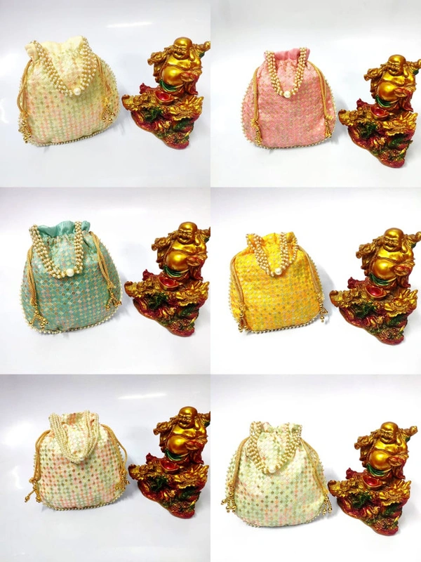 Valley Handicrafts  (9*9 Inch) Sequance Embroidery Fabric Designer  Matka Potli Bags with Beads Handle for Women / Best Gifts Favour (10pcs ) - Mix Colour, 10