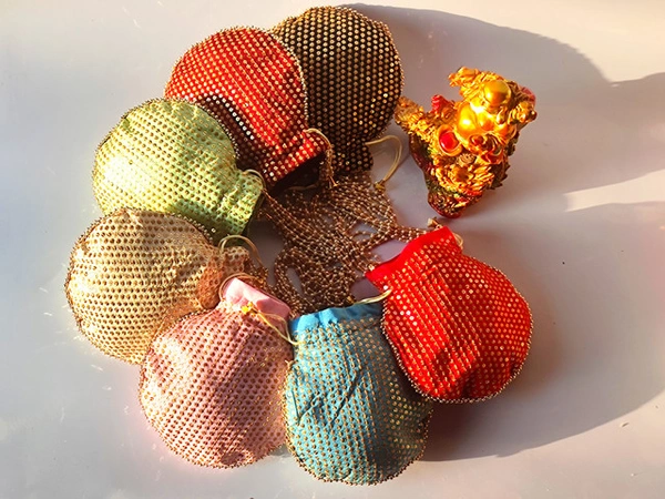 Valley Handicrafts  (9*9 Inch) Small Sequance Embroidery Silk Fabric Designer  Matka Potli Bags with Beads Handle for Women / Best Gifts Favour (5pcs ) - Mix Colour, 5