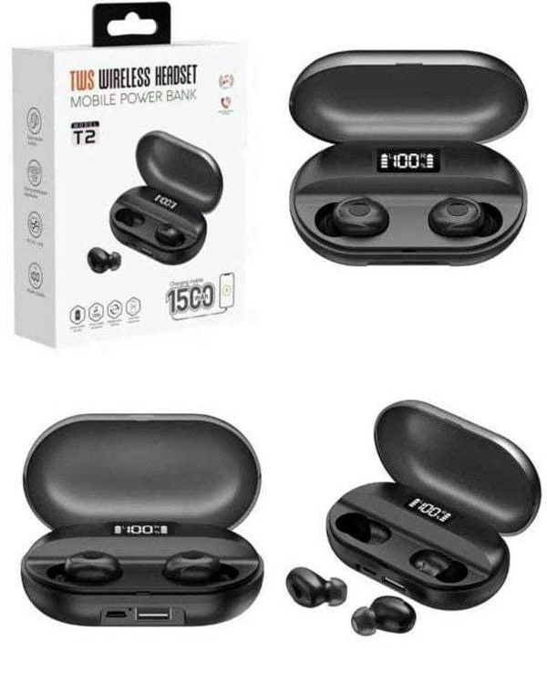 T2 TWS Buds With Inbuild Power Bank 1500 Mah (High Bass Sound) - Black, Free Size