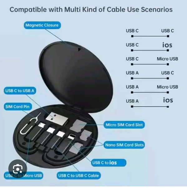 Multiple Adjustable Charging Cable Set - Black, Free Size