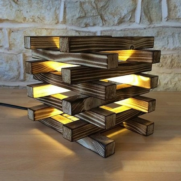 Way Craft  Wooden Lamp  - 12 X 12 X 12 Inch LxWxH, Dark Wood Colour
