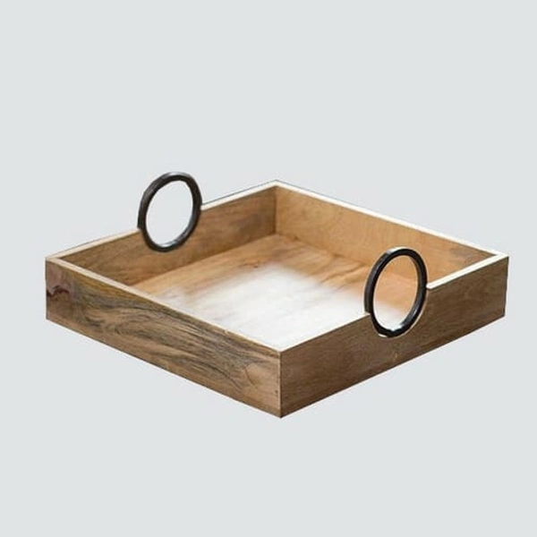 Way Craft  Wooden Trey With Iron Grip  - 10 X 10 X 2 Inches LxWxH, Dark Wooden Colour