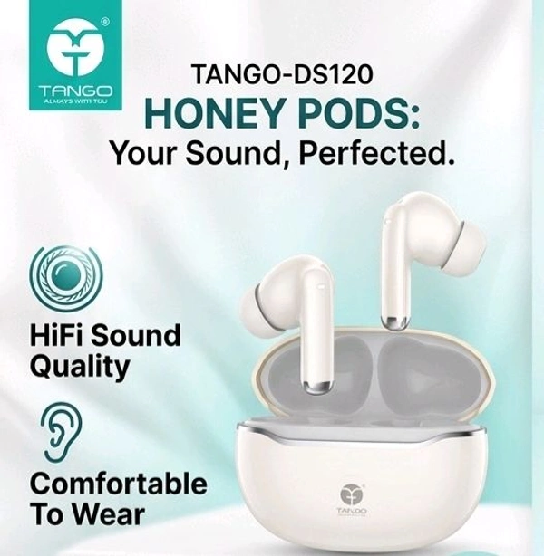TANGO-DS120 True Wireless Earphones (TWS) with 50 Hours Playtime, Hi-Fi Sound Quality, Bluetooth 5.3, Comfortable In-Ear Design, Includes Charging Case & Carabiner Pouch (White/Black/Blue)
