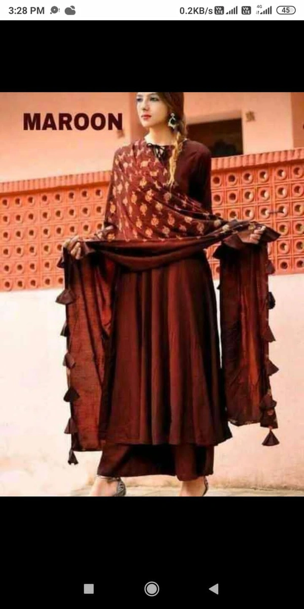 Women Rayon Flared Solid Long Kurti With Palazzos - Merun , M