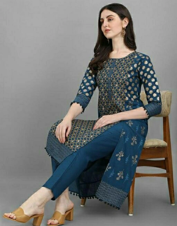 Shital Print  Women’s Gold And Pigment Printed Kurta Set (Black) - M, Teal