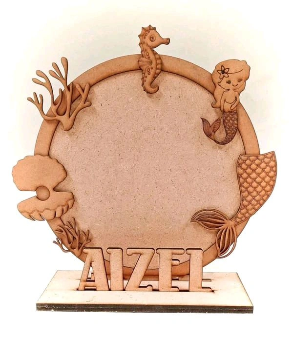 Mermaid Theme Kids Name Photoframe - 12 Inch, Raw- Without Paint