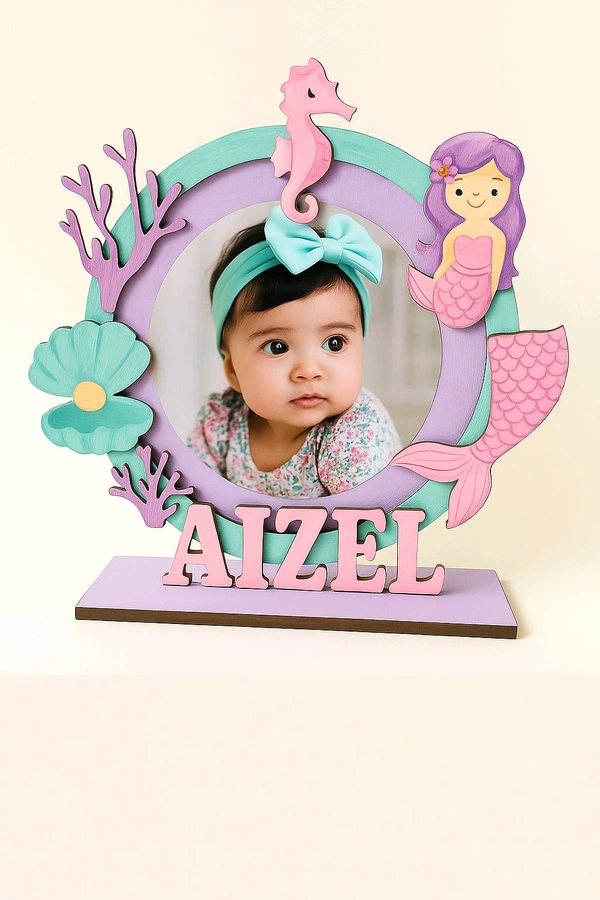 Mermaid Theme Kids Name Photoframe - 12 Inch, Painted