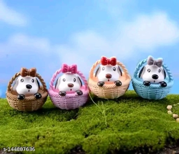 Miniature Cute Dog In Basket - Set Of 4