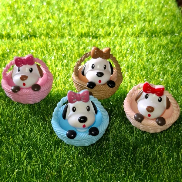 Miniature Cute Dog In Basket - Set Of 4