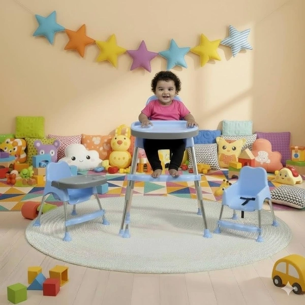 3-in-1 Convertible Baby High Chair with Double Tray & Footrest Easy-to-Clean Feeding & Study Chair for Babies and Toddlers Blue
