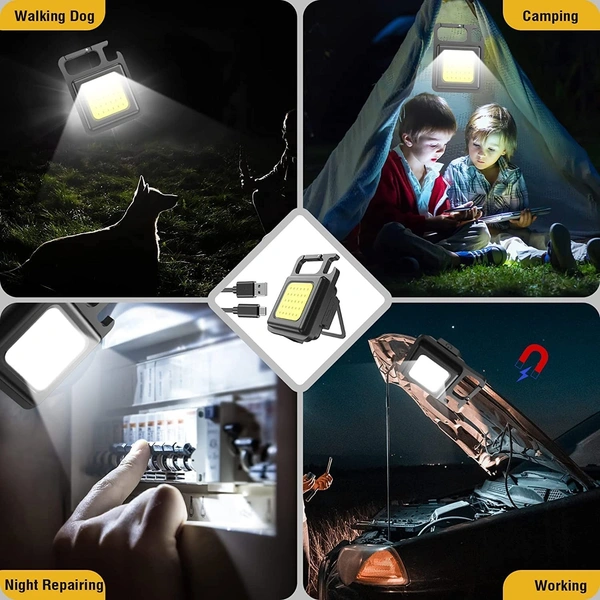 COB Small Flashlight, LED Keychain Flashlight, Mini LED Work Light, USB Rechargeable, 4 Light Modes Portable Pocket Light with Folding Bracket Bottle Opener for Camping Emergency Fishing