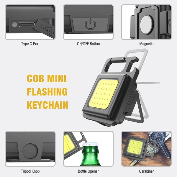  COB Small Flashlight, LED Keychain Flashlight, Mini LED Work Light, USB Rechargeable, 4 Light Modes Portable Pocket Light with Folding Bracket Bottle Opener for Camping Emergency Fishing