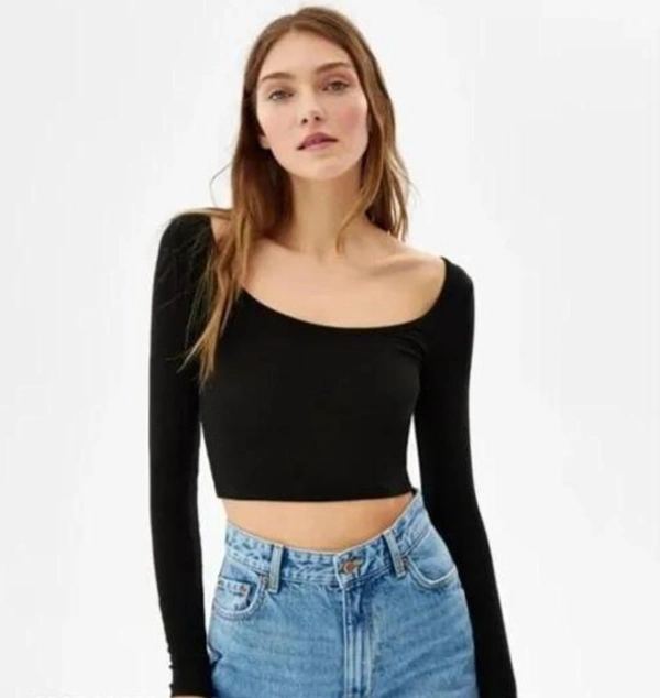 Women's Black Sqare Neck Crop Top Long Sleeve - M