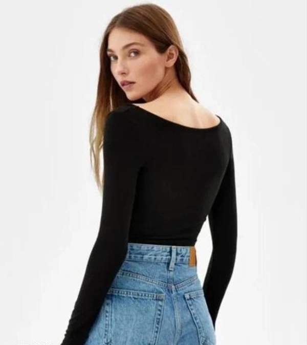 Women's Black Sqare Neck Crop Top Long Sleeve - L