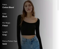 Women's Black Sqare Neck Crop Top Long Sleeve - L
