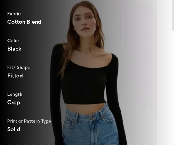 Women's Black Sqare Neck Crop Top Long Sleeve - L