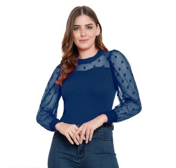 Leoty Women's Western Polka Dot Long Sleeve Stylish Top - Navy Blue, S