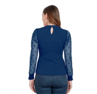 Leoty Women's Western Polka Dot Long Sleeve Stylish Top - Navy Blue, M
