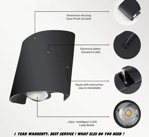 2 Watts 2 Ray Oval Up-Down Outdoor LED Outdoor Waterproof IP65 Exterior Wall Step Light Fixture Waterproof Lamp (Warm White, Black Body) 2 Way
