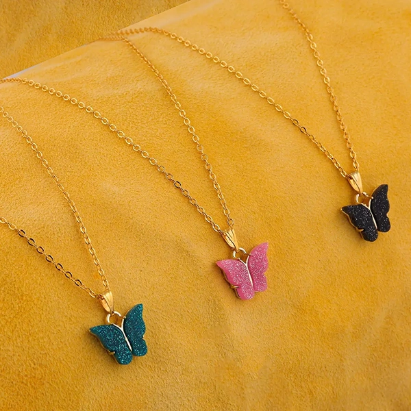 Brado Jewellery Gold Plated Combo Of 3 Butterfly Pink Green Black Pendant Chain necklace For Women and Girls