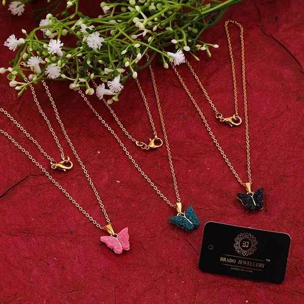 Brado Jewellery Gold Plated Combo Of 3 Butterfly Pink Green Black Pendant Chain necklace For Women and Girls