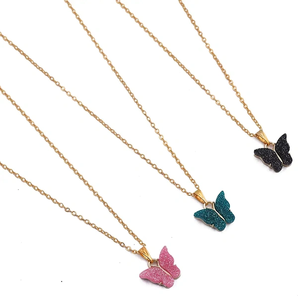 Brado Jewellery Gold Plated Combo Of 3 Butterfly Pink Green Black Pendant Chain necklace For Women and Girls