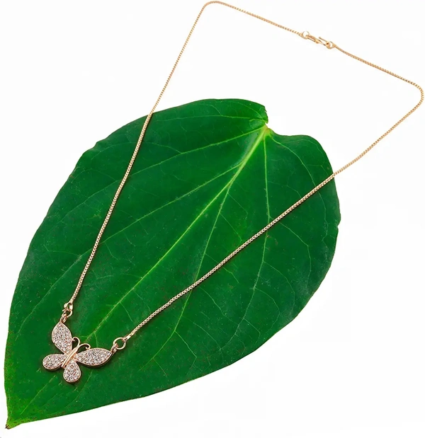 Brado Jewellery Micro Rose Gold Plated White American Diamond Butterfly Shape Necklace Golden Chain Pendant for Women and Girls