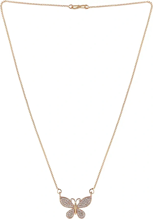 Brado Jewellery Micro Rose Gold Plated White American Diamond Butterfly Shape Necklace Golden Chain Pendant for Women and Girls