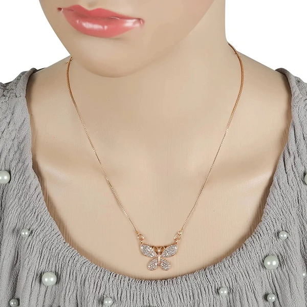 Brado Jewellery Micro Rose Gold Plated White American Diamond Butterfly Shape Necklace Golden Chain Pendant for Women and Girls