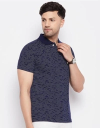 Navy Self Design Polo Collar Men's Cotton T-Shirt - L