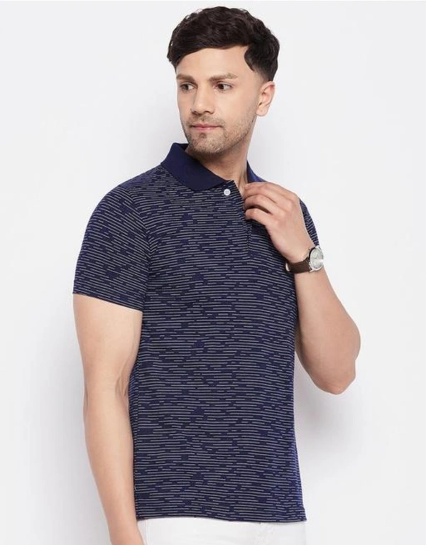 Navy Self Design Polo Collar Men's Cotton T-Shirt - L
