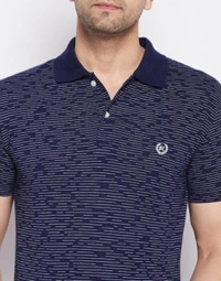 Navy Self Design Polo Collar Men's Cotton T-Shirt - L